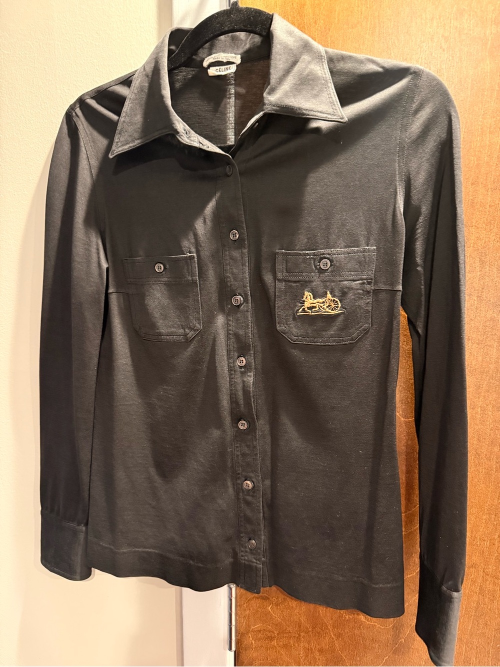 Vintage CELINE Paris Black Horse Carriage Embroidered Shirt Blouse Size 4